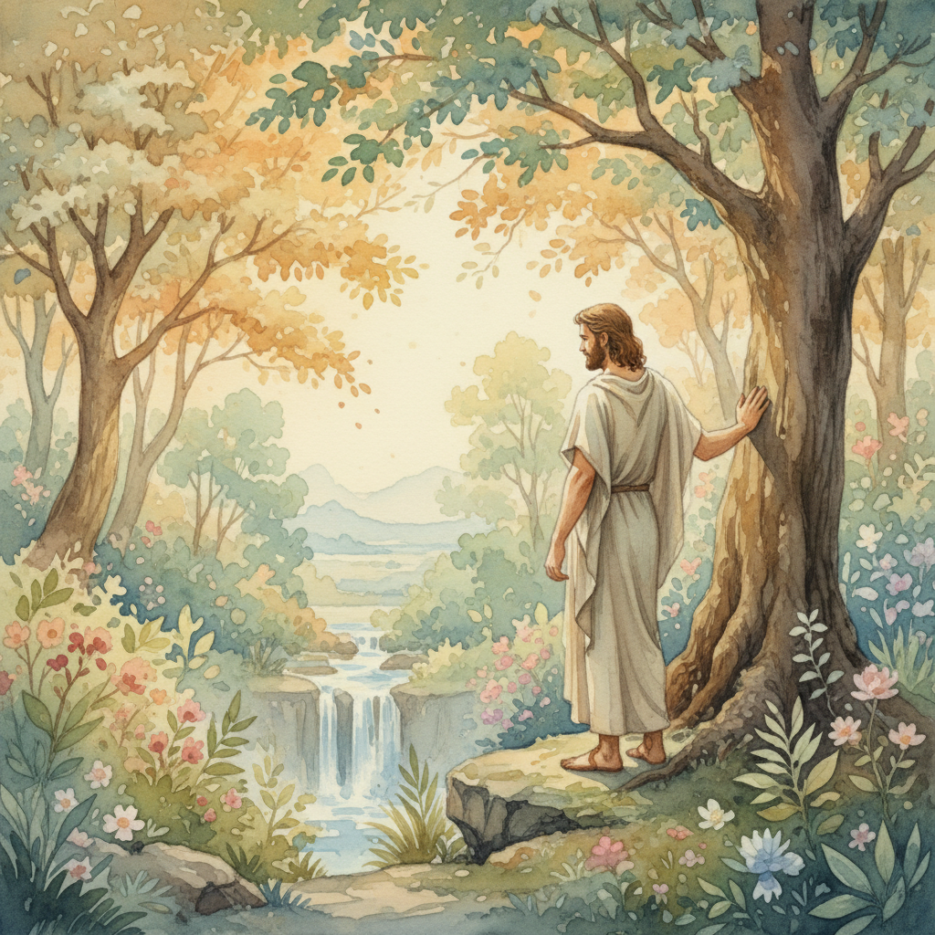 watercolor painting of Adam standing at the edge of the Garden of Eden in a quiet reflective moment, soft morning light, lush trees, contemplative biblical atmosphere