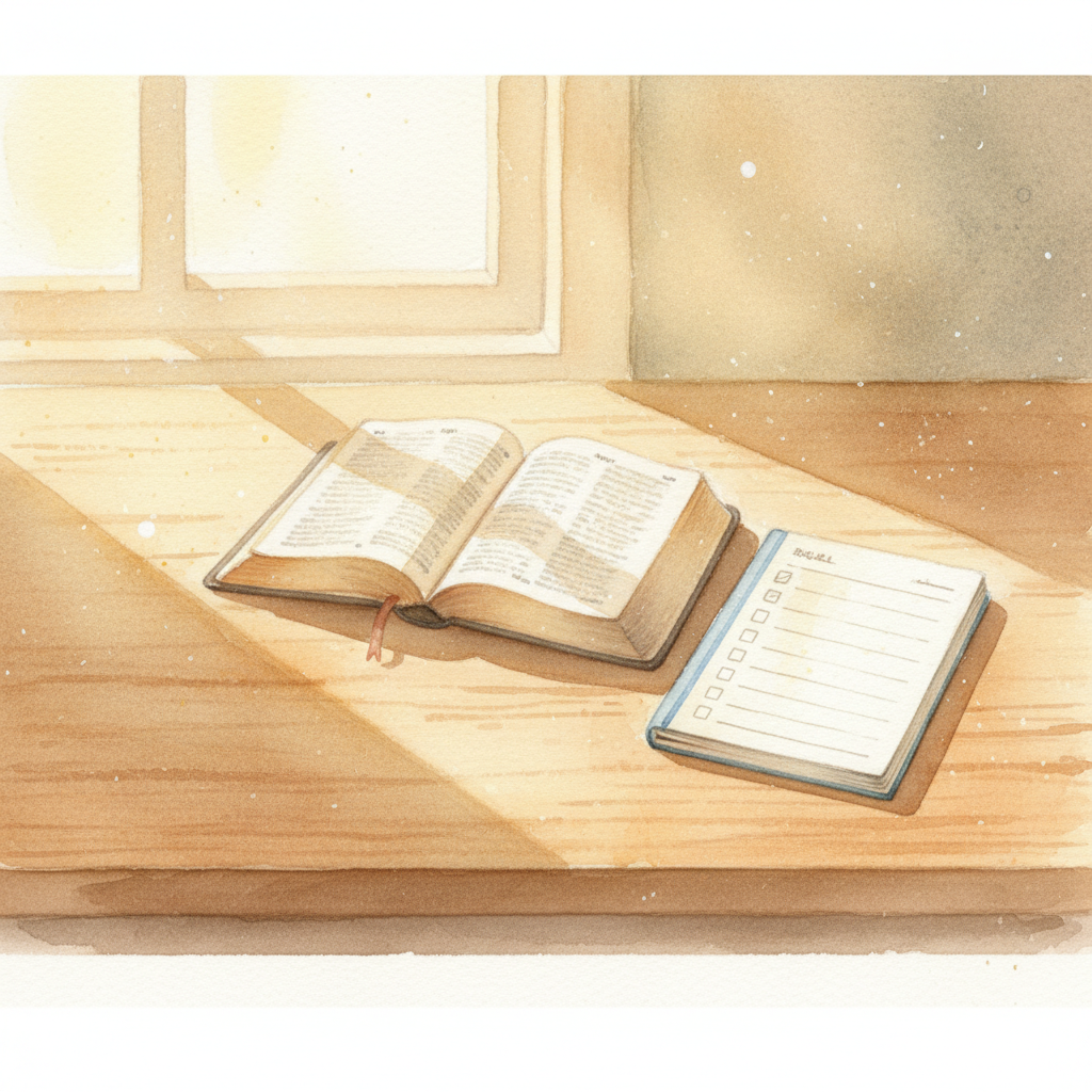 平和な水彩画のシーン：開いた聖書、シンプルな読書チェックリストノート、暖かな朝の光が木の机に差し込む