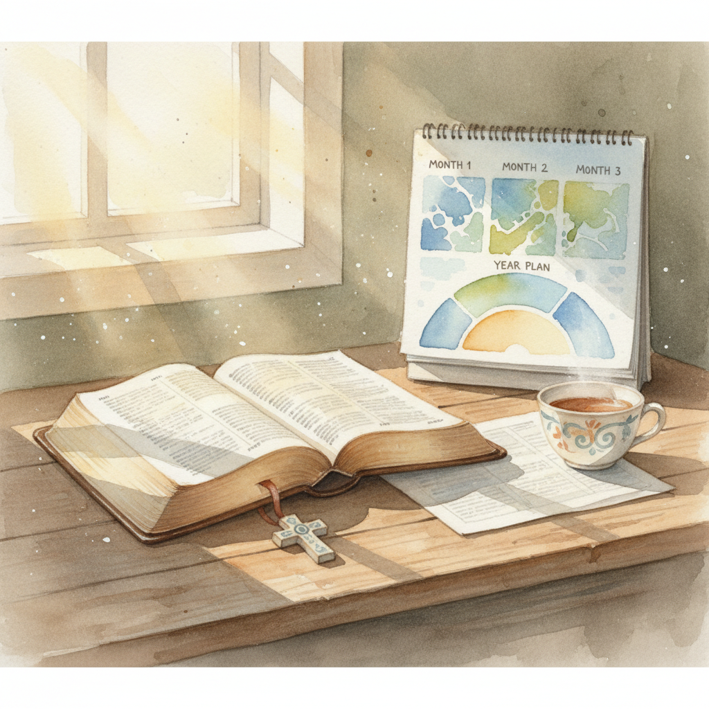 A peaceful watercolor scene of an open Bible on a wooden desk with a calendar showing three months and one year plans, soft morning light, quiet devotional atmosphere