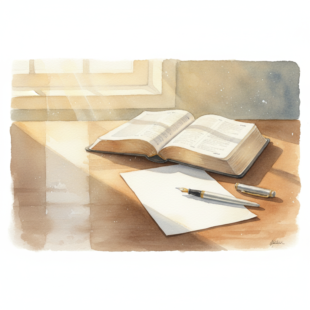 A peaceful watercolor scene of an open Bible, reading plan sheet, pen, and warm morning light on a wooden desk
