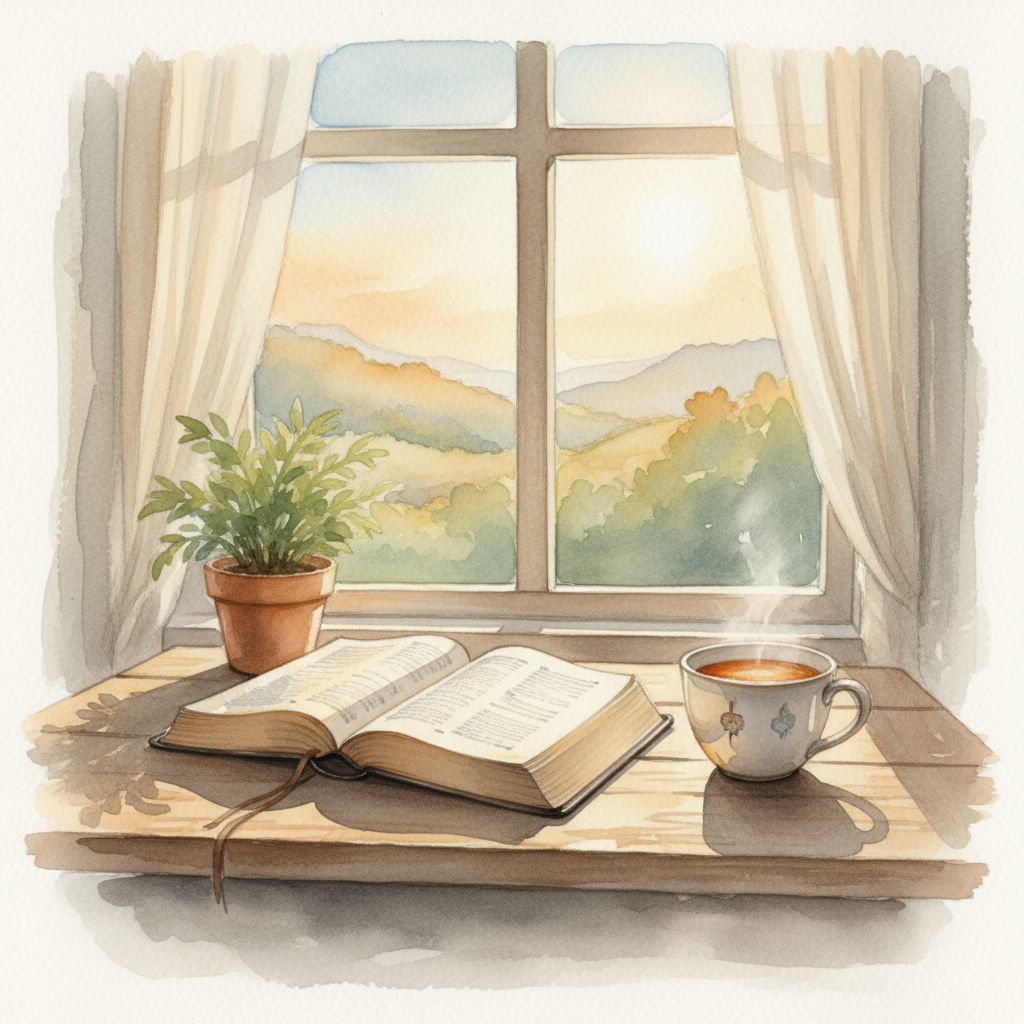 A peaceful watercolor scene of an open Bible on a wooden desk by a window, morning light, a cup of tea, calm devotional atmosphere