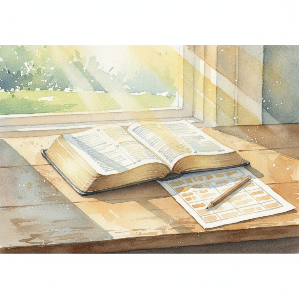 watercolor painting of an open Bible, printed reading plan on a wooden desk, pencil and soft morning light through a window, peaceful devotional scene