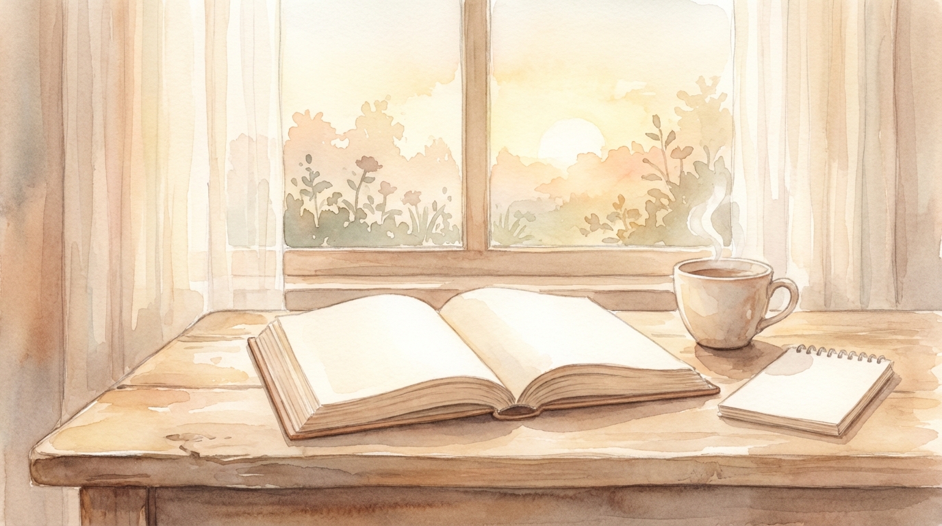 A peaceful watercolor scene of an open Bible on a small wooden desk by a window in early morning light, with a cup of tea and a notebook, quiet devotional atmosphere
