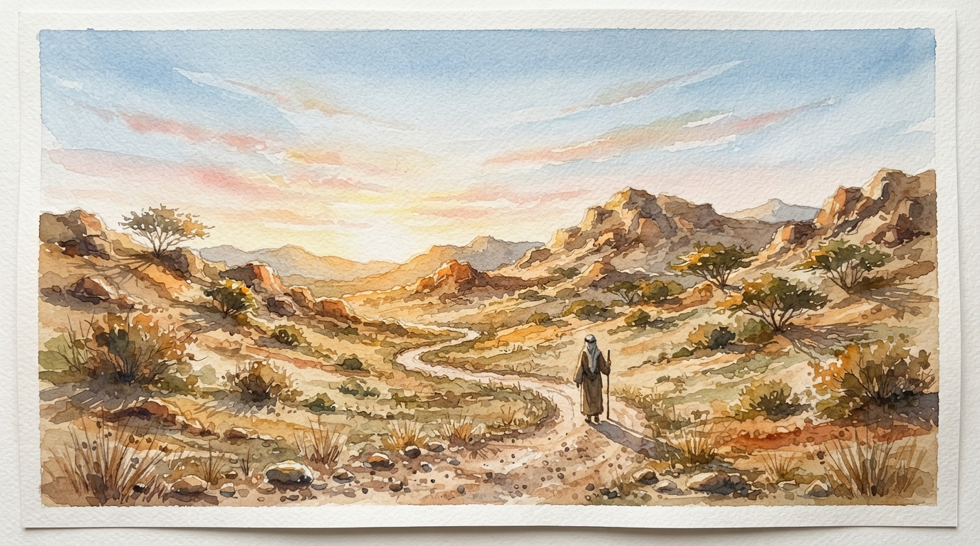 A quiet desert path with rocky hills, sparse shrubs, and soft morning light under a wide sky, single scene, contemplative biblical wilderness landscape