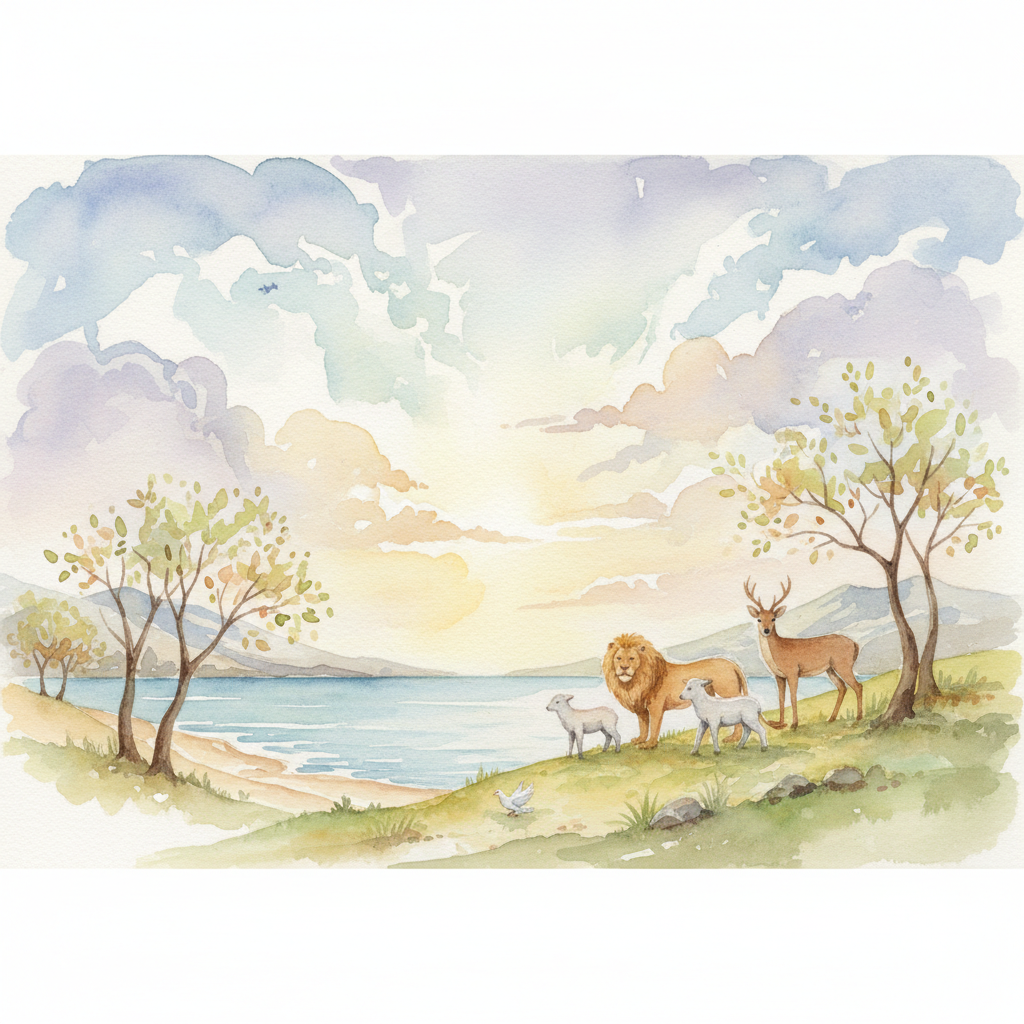 創世記の天地創造シーンの静かな水彩画。柔らかい光とともに、新しく形成された地球、空、海、木々、動物たち。平和で敬虔な雰囲気