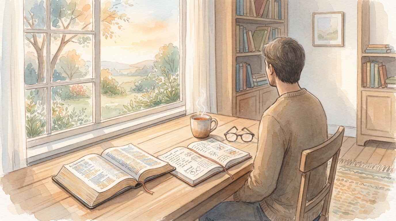 Ein stiller Schreibtisch am Fenster mit offenem Psalm, einem Notizbuch, sanftem Morgenlicht, einer einfachen Tasse, ruhige Atmosphäre, einzelne Szene