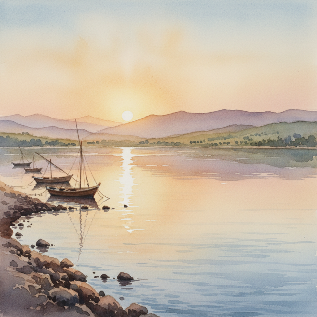 Isang watercolor na tanawin ng Dagat ng Galilea sa dapithapon, maliliit na bangka sa baybayin, mga banayad na burol sa paligid, malambing na ilaw na ginto, payapang atmospera ng Bibliya