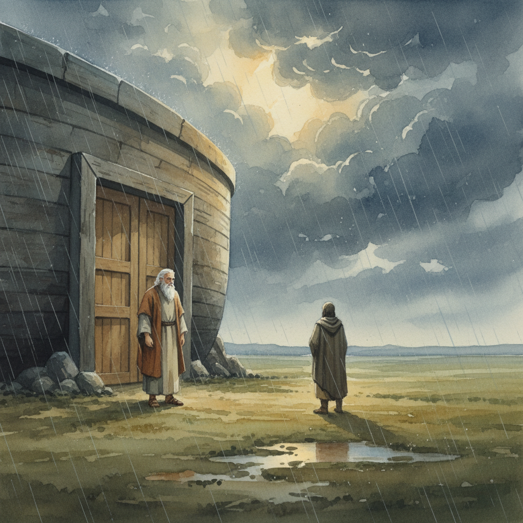Noah standing beside the ark door in a rainy plain, one man waiting quietly, dark clouds above, wooden ark in the background