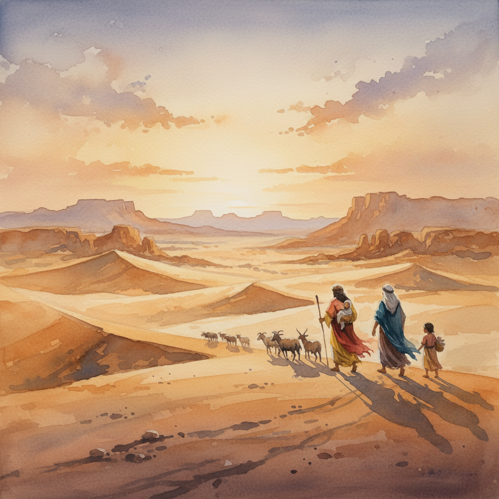 watercolor style ancient Near Eastern desert landscape, a shepherd family traveling under a vast sky, warm light, peaceful biblical atmosphere