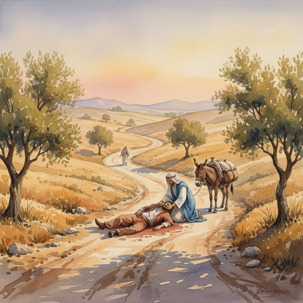 Une scène de style aquarelle représentant la route de Jérusalem à Jéricho, un voyageur blessé allongé au bord du chemin, lumière désertique chaleureuse, atmosphère compatissante