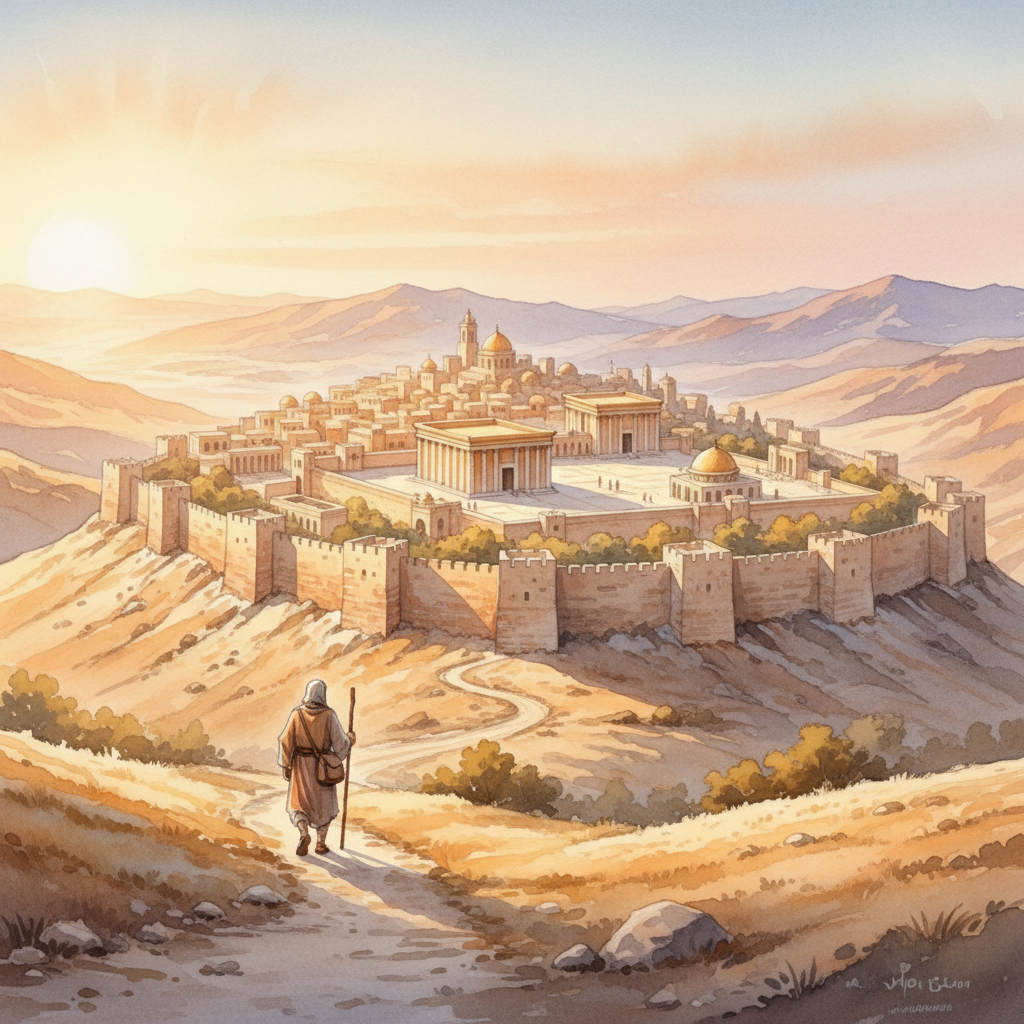 Ancient Jerusalem city on a hill at sunrise, stone walls and temple area visible, one traveler walking on a road, mountainous landscape in the background