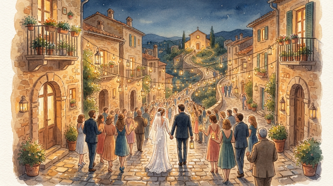 A warm evening wedding procession on a narrow ancient stone street, small oil lamps glowing, modest festive atmosphere, single scene, rear view figures, gentle golden light, no face close-up