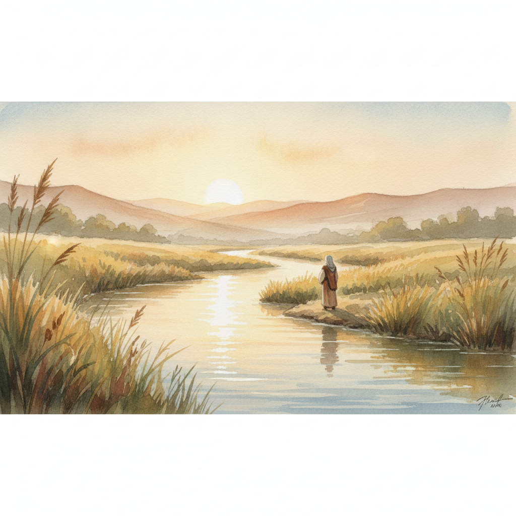 A quiet Jordan River at sunrise, reeds along the bank, gentle flowing water in a narrow valley, distant hills, soft golden light, peaceful biblical landscape, single scene