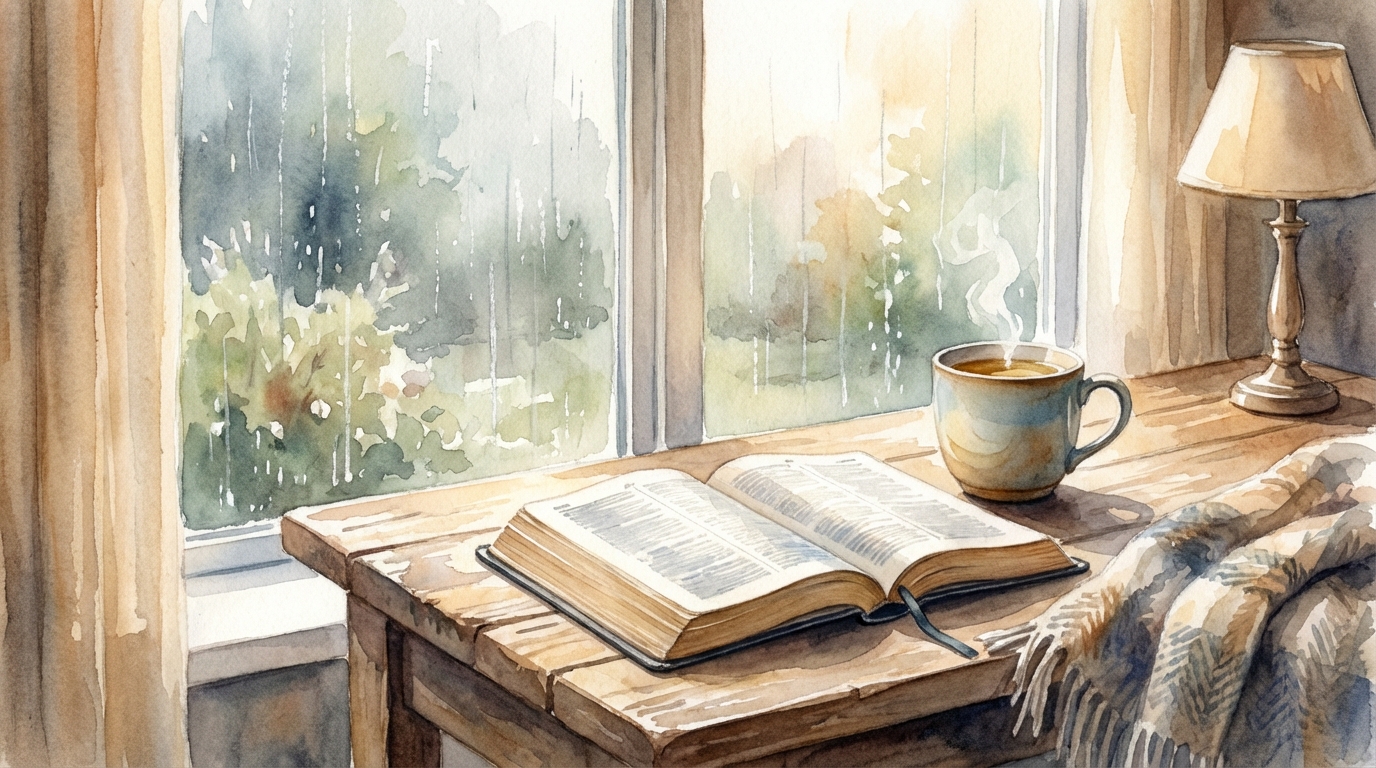 A peaceful watercolor scene of an open Bible on a wooden desk by a rainy window, soft morning light, a cup of tea, calm and comforting atmosphere