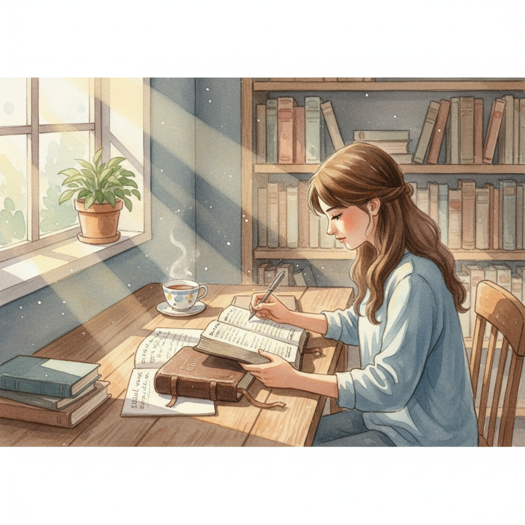 A single person reading an open Bible at a wooden desk, taking notes with a pen, in a quiet room with soft morning light