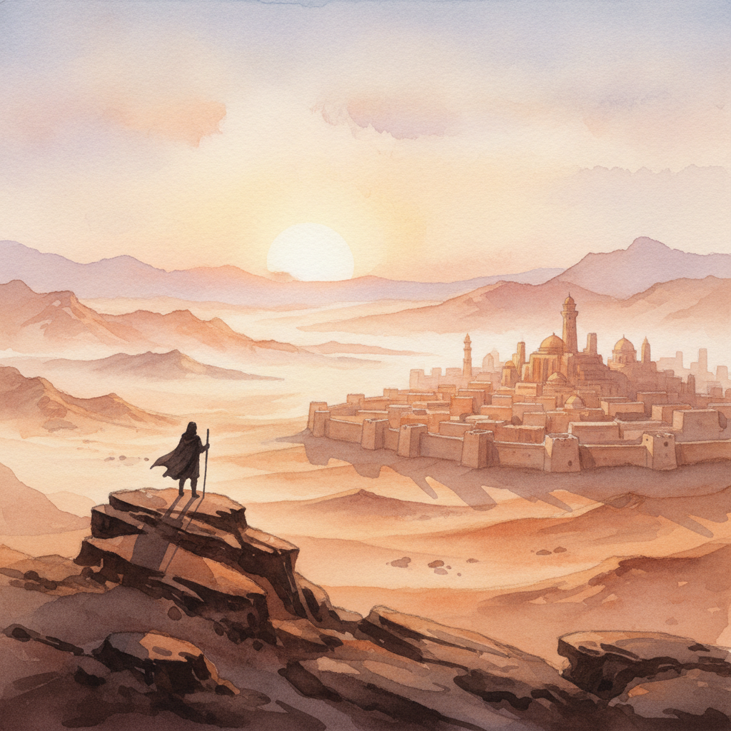 A solitary traveler standing on a rocky hill at dawn, looking toward a distant ancient city in a valley, desert landscape, contemplative mood
