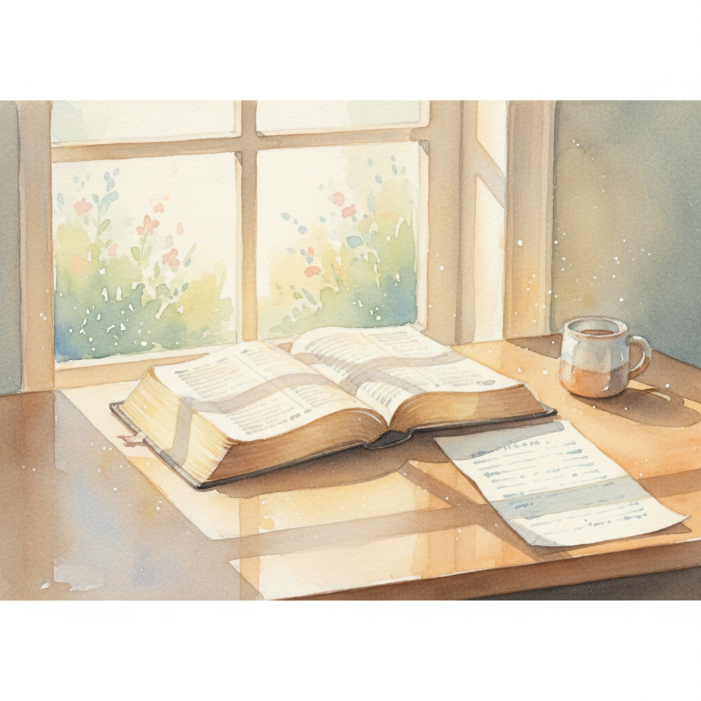 A peaceful watercolor scene of an open Bible on a wooden desk, morning light through the window, a simple reading plan sheet beside it, calm devotional atmosphere
