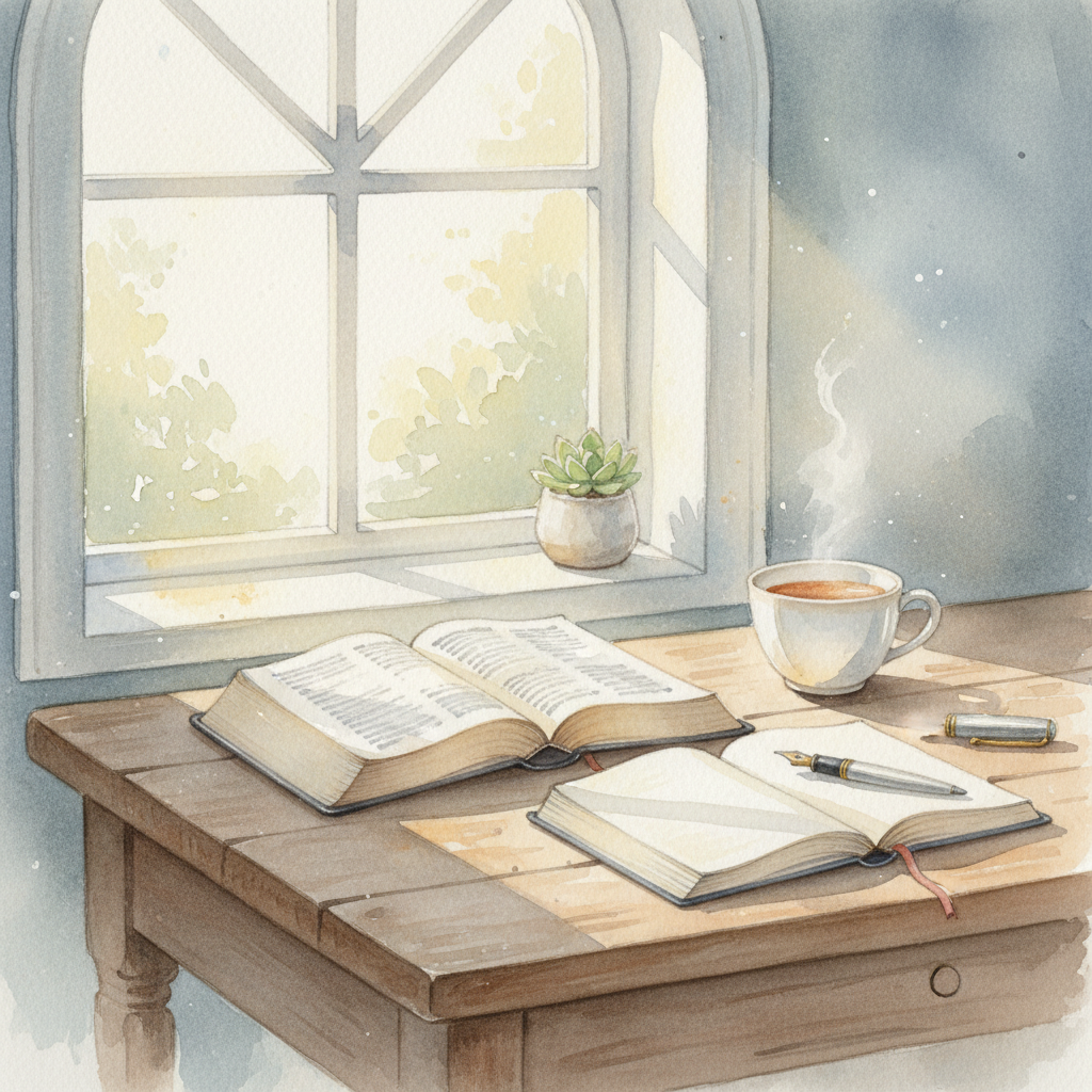 A peaceful watercolor scene of an open Bible on a wooden desk by a window, morning light, a cup of tea, journal and pen, calm devotional atmosphere