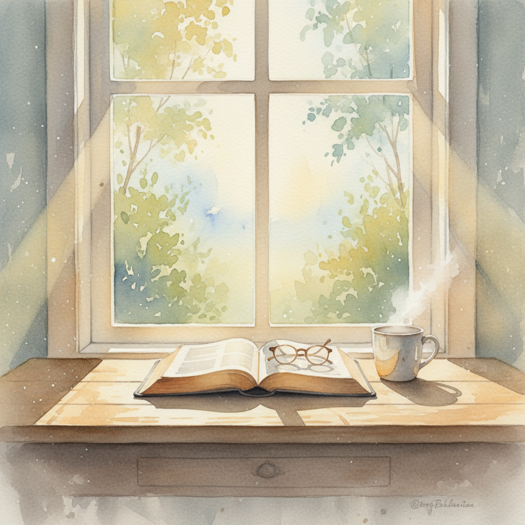 Une aquarelle représentant une Bible ouverte posée sur un bureau en bois, près d’une fenêtre illuminée par la lumière du matin, ambiance paisible de dévotion