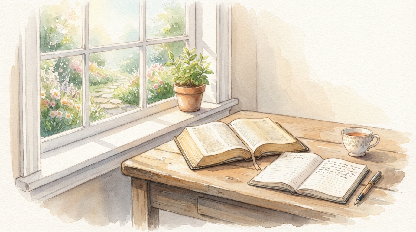A quiet desk by a window with an open Bible at Psalm 20, a notebook and pen, soft morning light, peaceful atmosphere, single scene