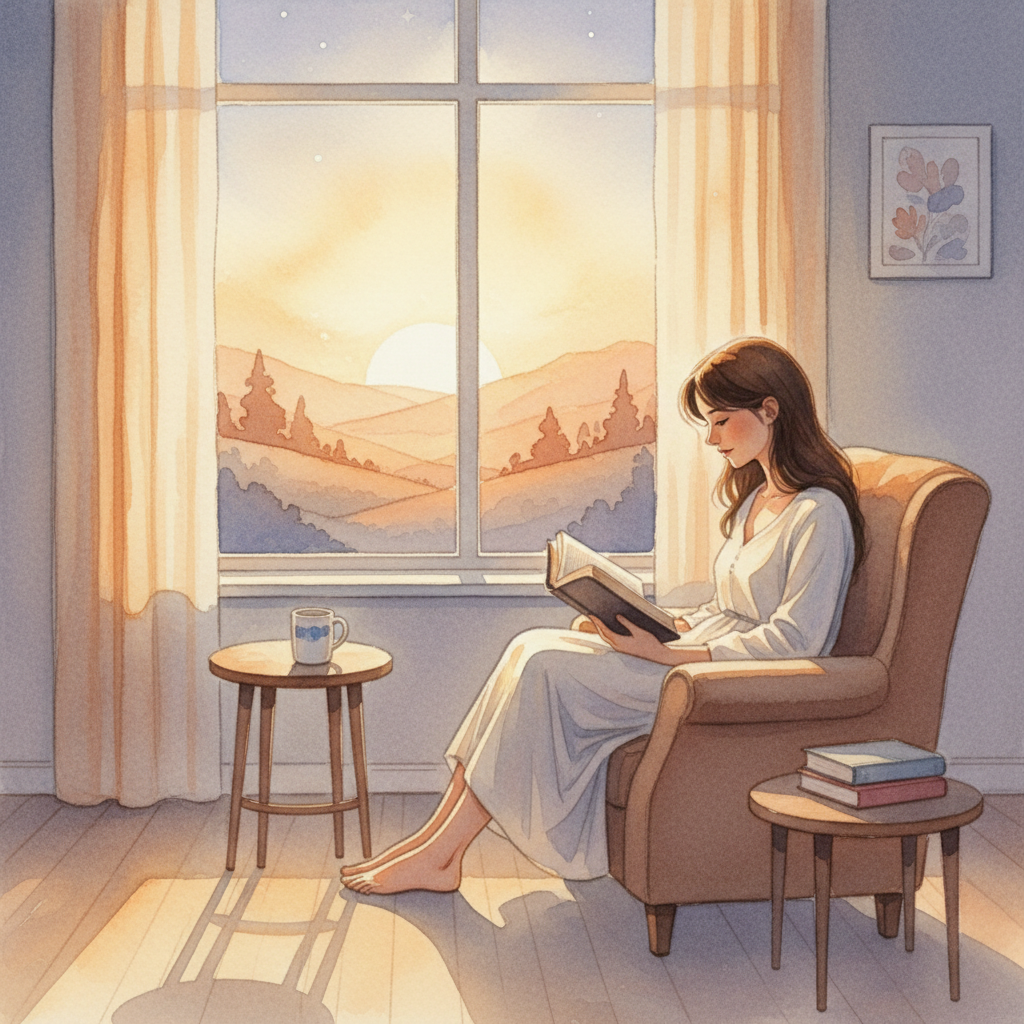 A single person sitting by a window at dawn, reading an open Bible, in a quiet bedroom