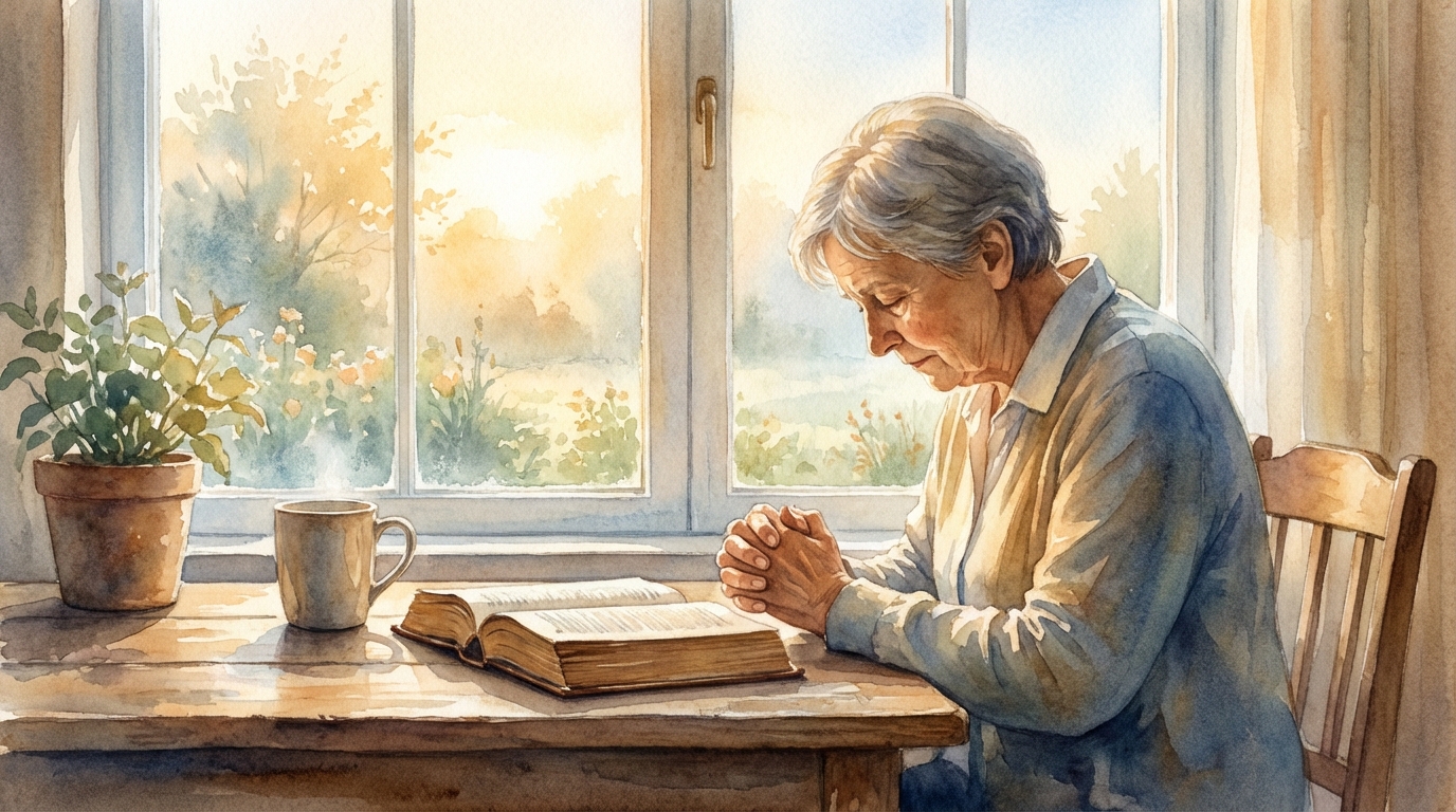 A quiet watercolor painting of a Christian sitting by a window at dawn, Bible open on a wooden desk, soft light, peaceful prayerful atmosphere