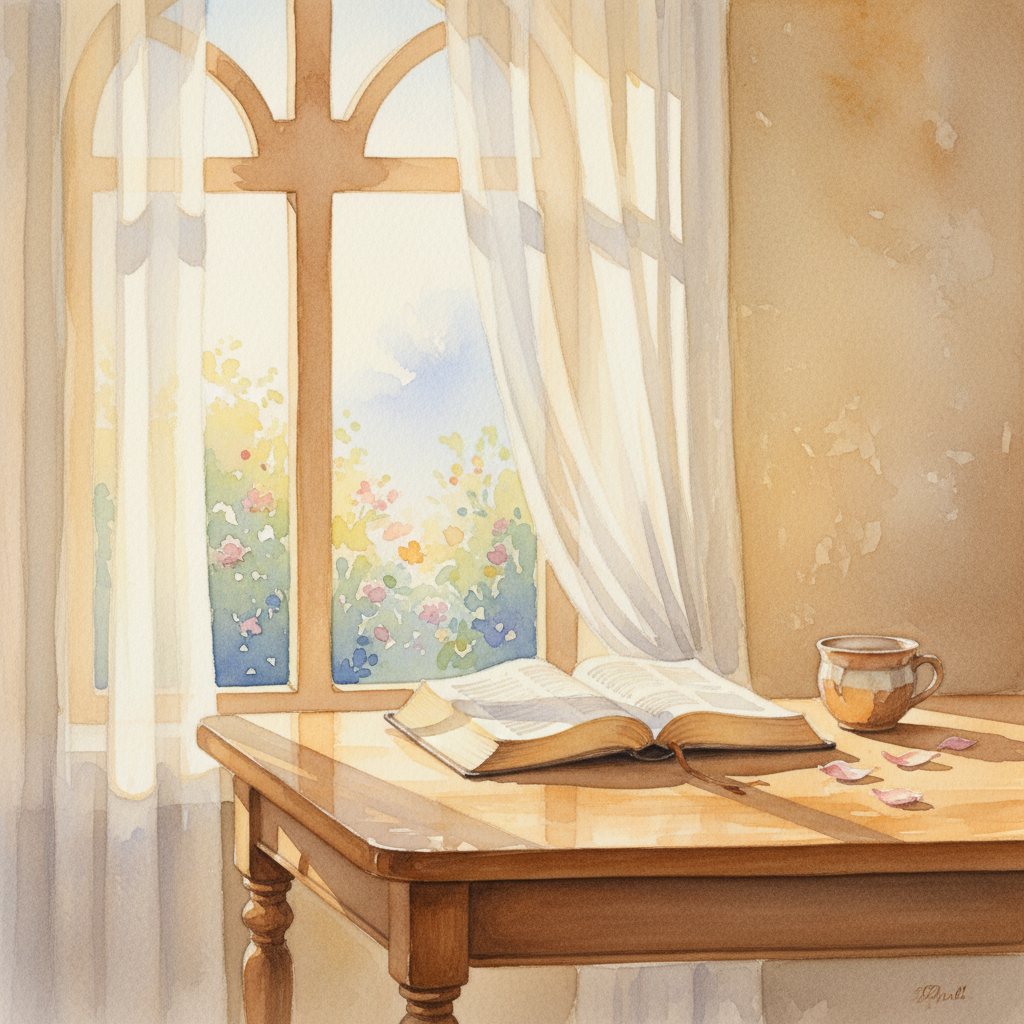 Ein friedliches Aquarell eines geöffneten Bibel auf einem Holztisch beim Fenster, warmes Morgenlicht, ruhige, spirituelle Andachtsatmosphäre