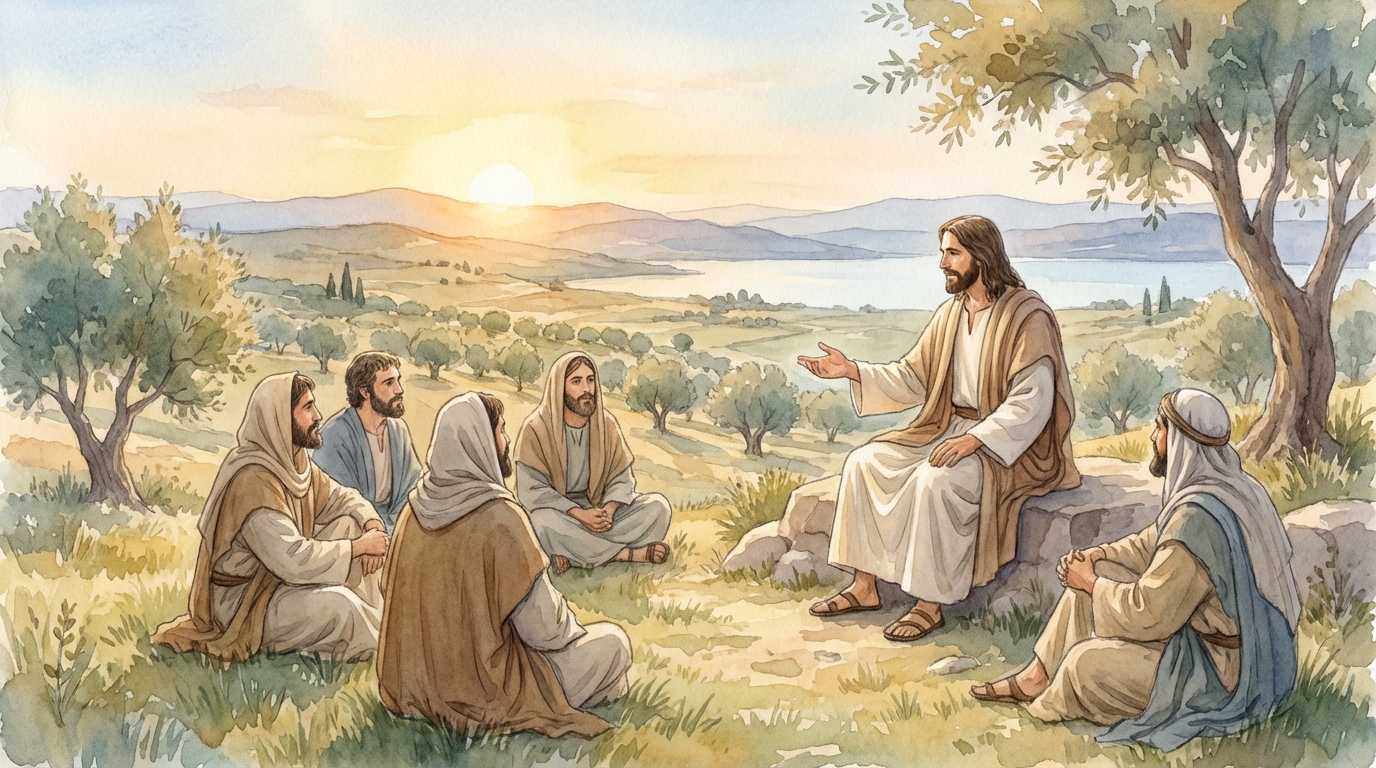 A peaceful watercolor scene of Jesus teaching on a hillside, disciples listening quietly, soft morning light, gentle natural landscape, reverent and contemplative mood