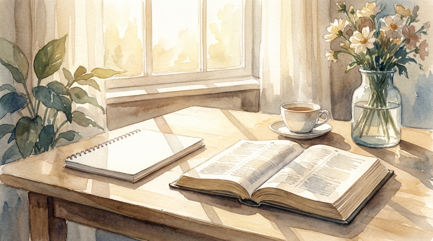 A quiet Sunday morning desk with an open Bible, a notebook, soft sunlight through the window, watercolor style