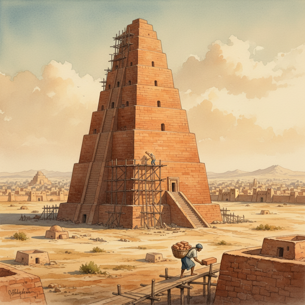 Ancient Mesopotamian brick tower rising on a plain, two workers carrying bricks, single construction moment, distant city in Shinar