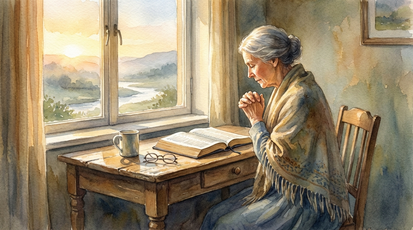 A quiet watercolor scene of a believer praying by a window at dawn, open Bible on a wooden desk, soft light, peaceful and reverent atmosphere